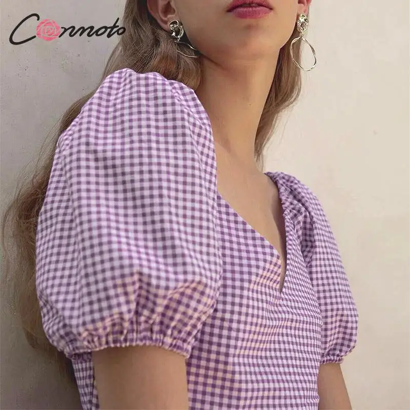 Conmoto Модные укороченные топы и блузки фиолетовые женские рубашки в клеточку
