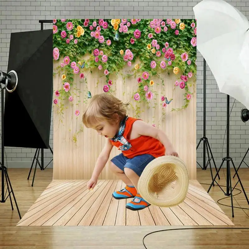 Фон для студийной фотосъемки с изображением деревянных досок и цветов материал