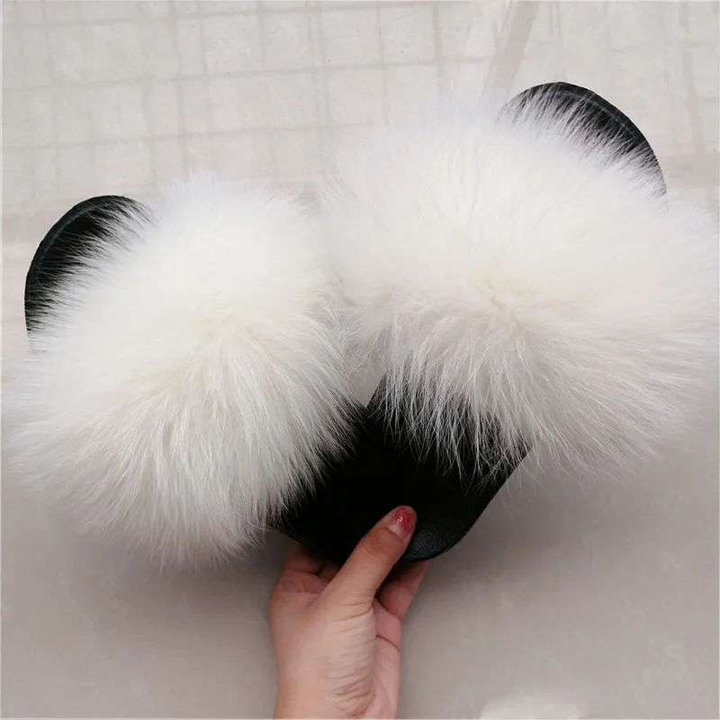 as pic shows 16 Women Fox Fur Slippers Real Fox Fur Slides Lovely Plush Slippers Woman Summer Home Sandals Women Fur Slides Furry Flip Flops Hot - Цвет: as pic shows 16