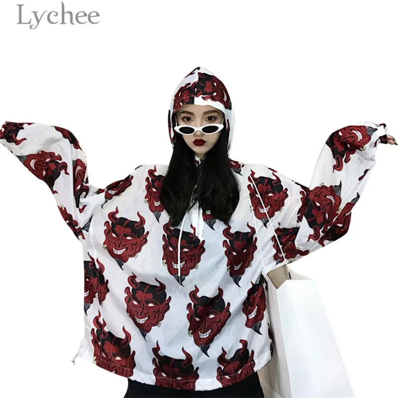 Pullover White Lychee Харадзюку с принтом демона Летняя женская блузка панк готика Повседневная Свободная рубашка с коротким рукавом топы женские - Цвет: Pullover White