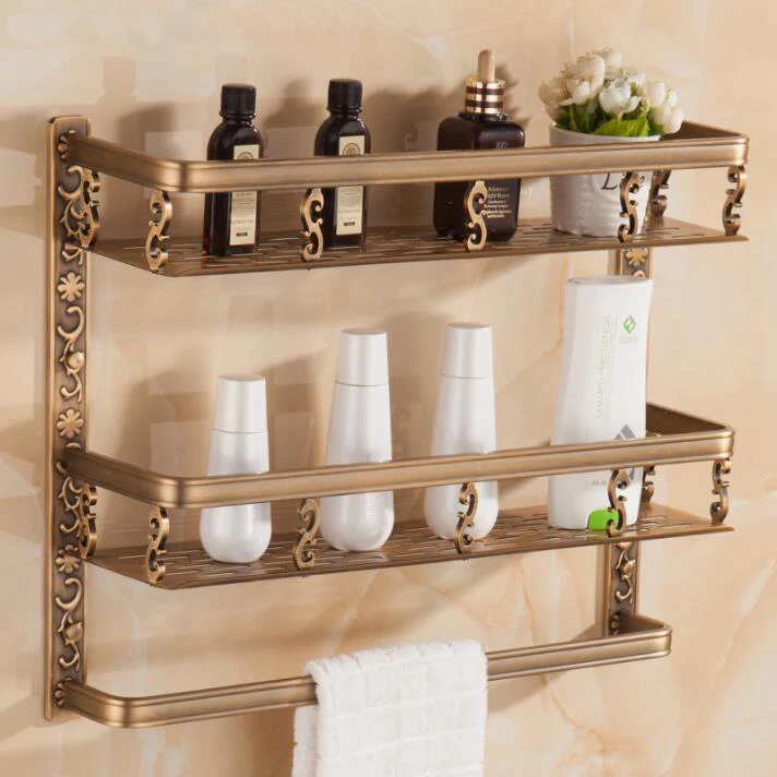 

Wall Mounted Antique Space Aluminum Bathroom Shelf with towel rack and robe hooks Bath Shampoo shelf dual tiers Corner shelf