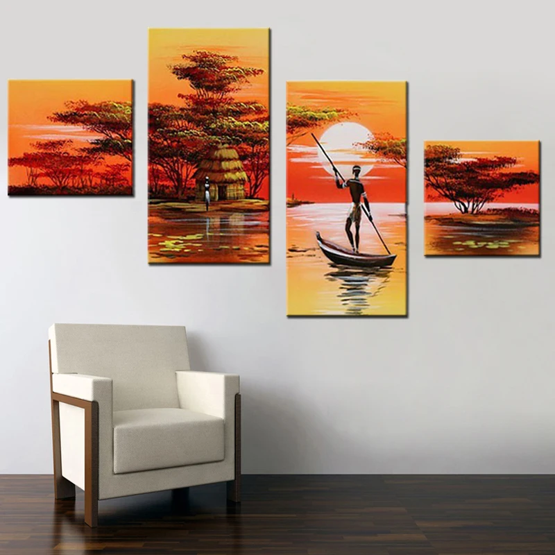 

Hand Painted African Women Tree Sunset Abstract Landscape Oil Paintings 4 Panel Wall Art Decor Artwork Acrylic Canvas Pictures