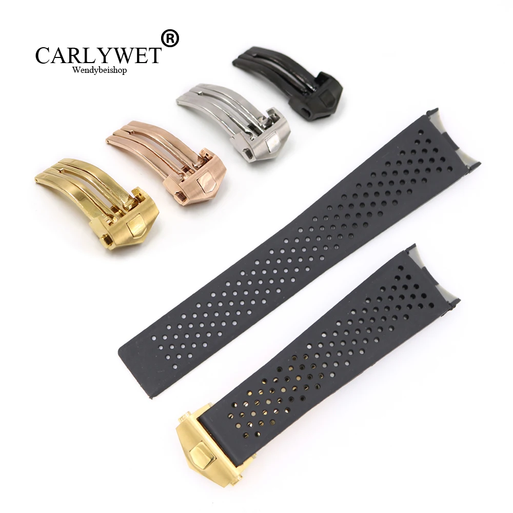 CARLYWET 22*18 мм черный водостойкие силиконовой резины замена наручные часы ремешок с серебряной цвет пряжка