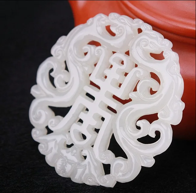 Натуральный белый нефрит двусторонний полый дракон кулон жадеит ожерелье Шарм