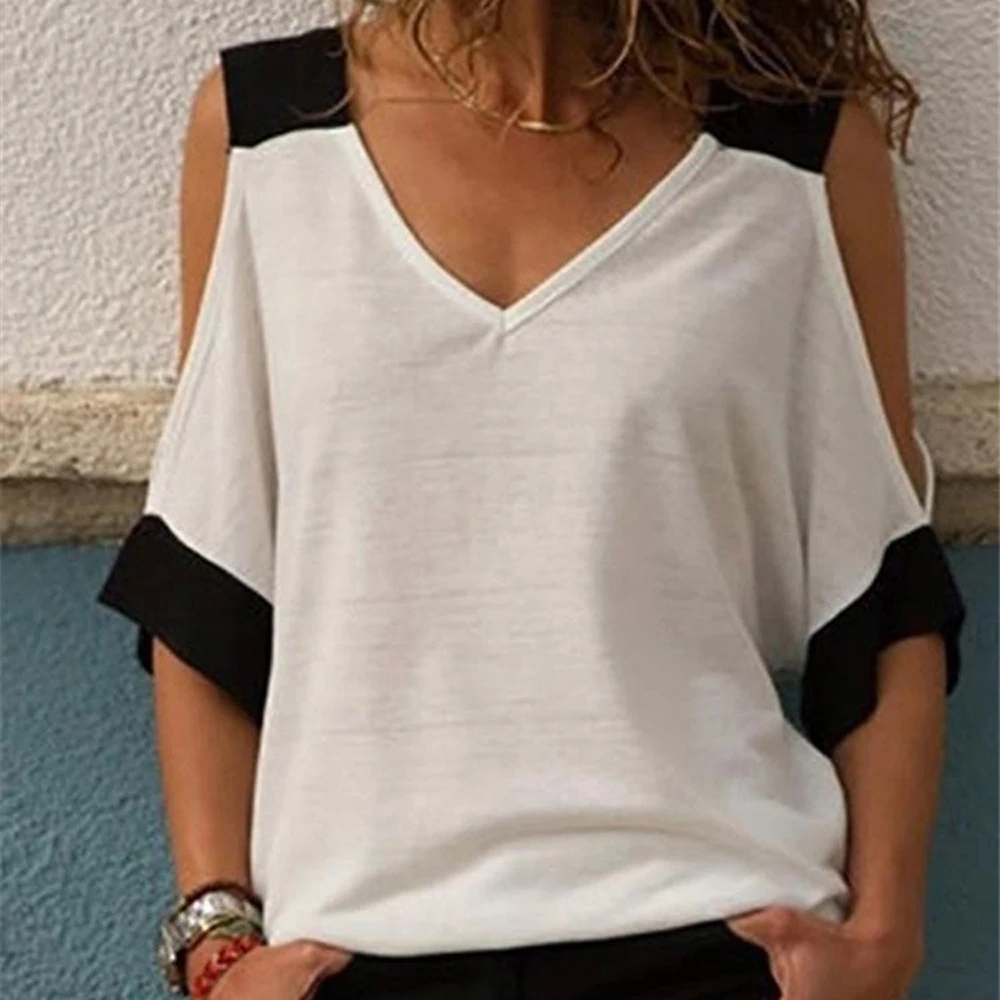 Женская блузка с открытыми плечами V образным вырезом и коротким рукавом|Блузки| |