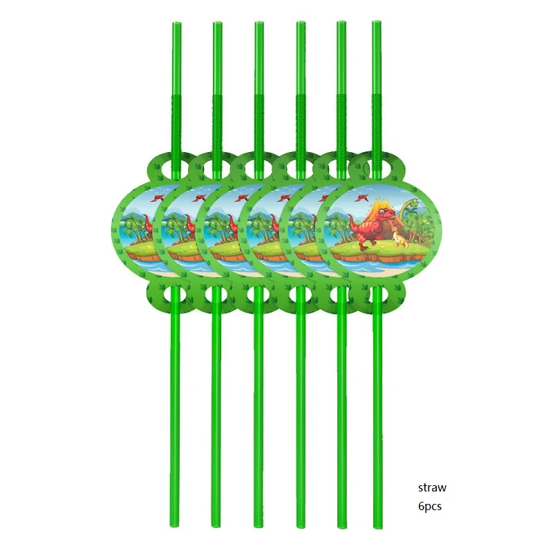 6pcs straws 6 шт. в наборе, чашки с динозаврами, тарелки, скатерти, шляпы, флаги, салфетки, столовые приборы для детей, вечерние украшения с днем рождения - Цвет: 6pcs straws