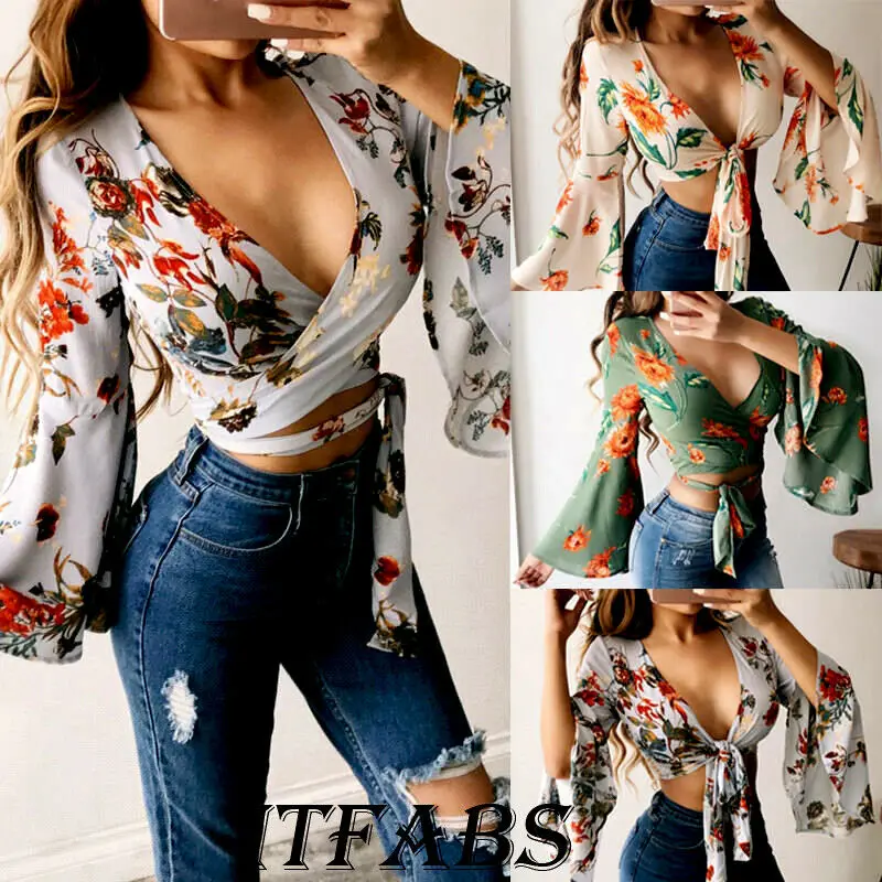 Блузка женская шифоновая с длинным рукавом бантом и V-образным вырезом | Женская