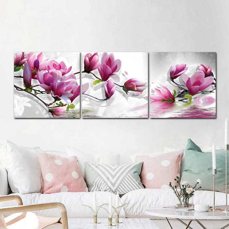 Современное искусство стен холст живопись 3 шт. цветы магнолии декоративные