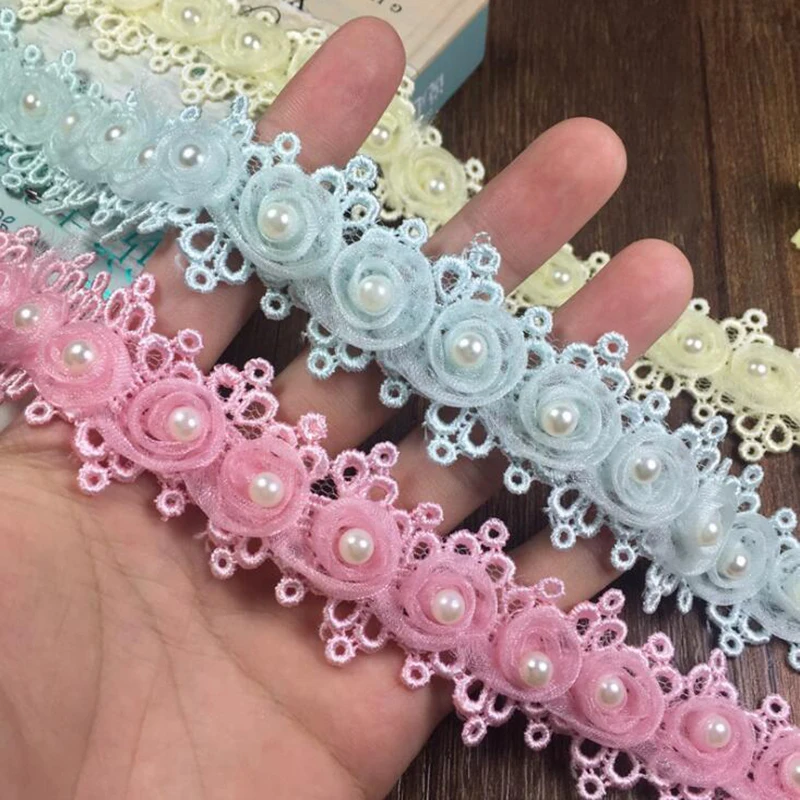 13 метров розовый белый 3D шифон розового кружева цветок Плетеный Перл Кружева