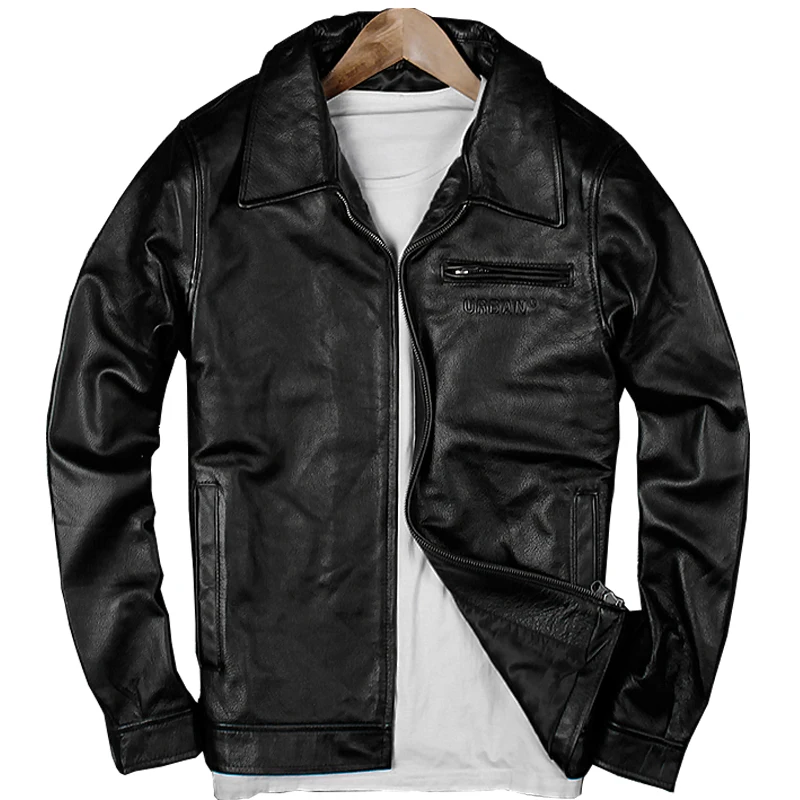 

Autumn Winter Medium Aged Leather Jackets Cowskin Genuine Leather Overcoat Mens Thin Casual Black Coats Turn Down Collar 4XL