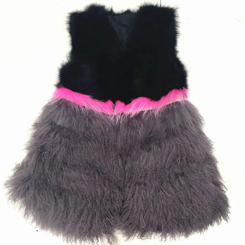 

Real fox fur and mongolia sheep fur patchwork waistcoats women color contrast natural fur sleeveless jackets long fur vests