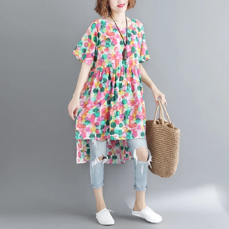 Женское винтажное платье в горошек из хлопка и льна размера плюс повседневное