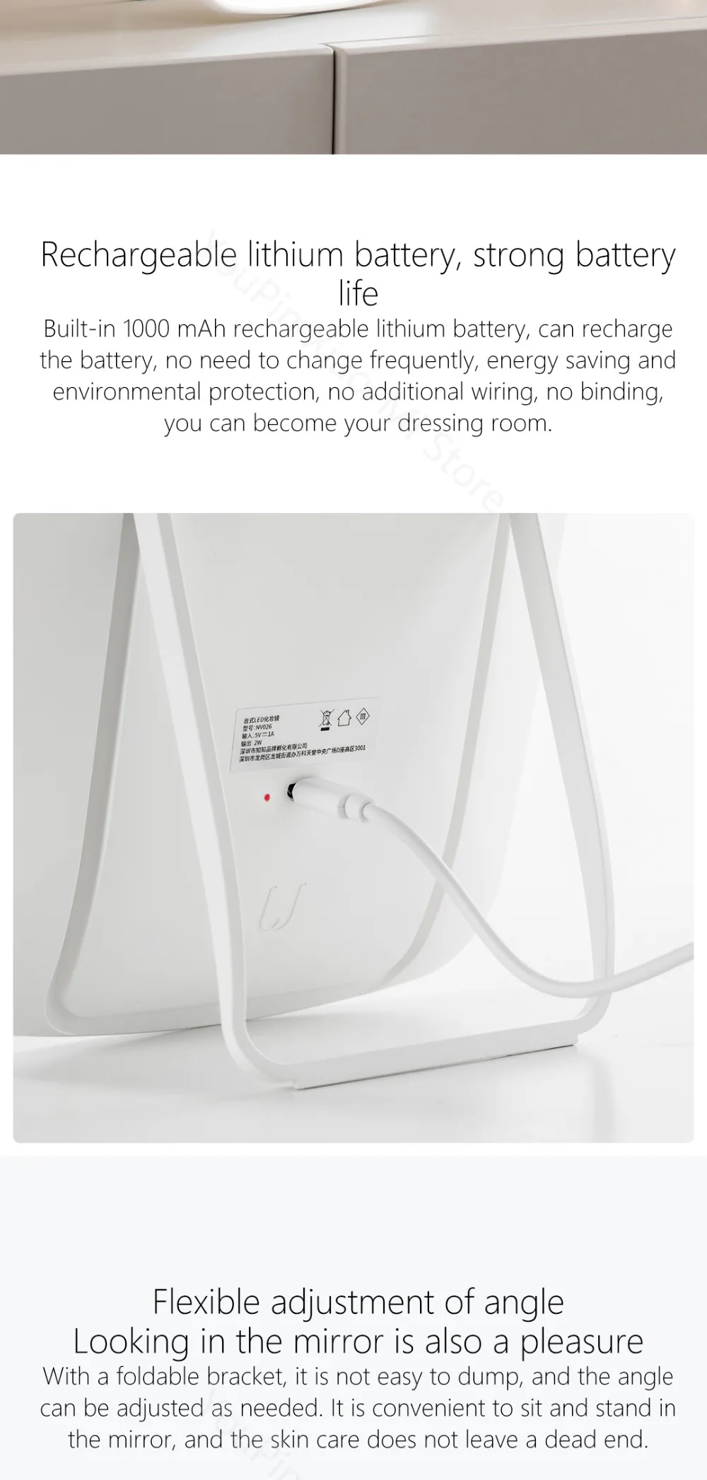Портативное складное светодиодное зеркало для макияжа Xiaomi с естественным светодиодным освещением, портативное зеркало для дома и рабочего стола с длительным аккумулятором