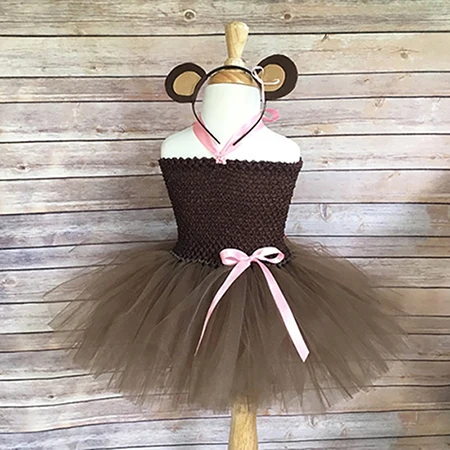 dress with headband Милый Коричневая обезяна платья с юбкой-пачкой для девочек, по колено От 1 до 14 лет платье для маленьких девочек с животными наряжаться в костюм наряд на карнавал Платья для праздников и дней рождения - Цвет: dress with headband