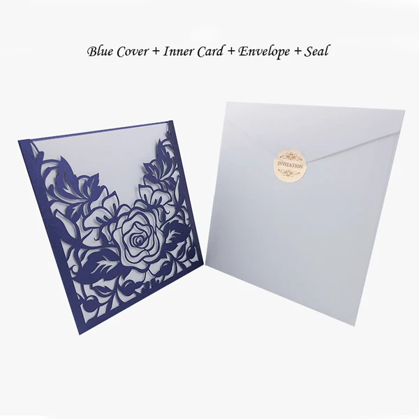 One Set Blue 1 шт. элегантные свадебные пригласительные открытки с кружевным карманом, квадратная лазерная резка, цветок розы, индивидуальные вечерние открытки, праздничные принадлежности - Цвет: One Set Blue
