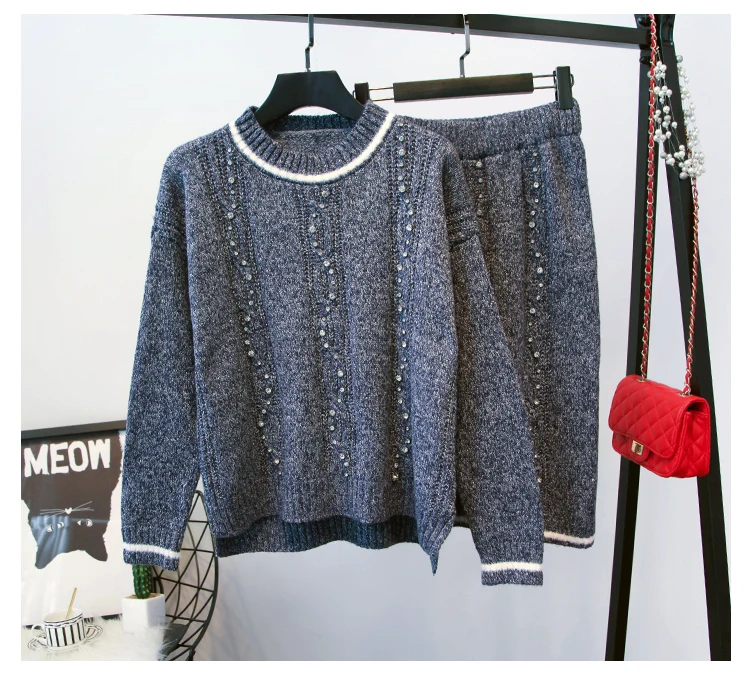 bluish gray ALPHALMODA,, Conjunto Feminino, тяжелая работа, кристалл, роскошные костюмы, женский элегантный свитер, юбка, наборы,, женские костюмы - Цвет: bluish gray