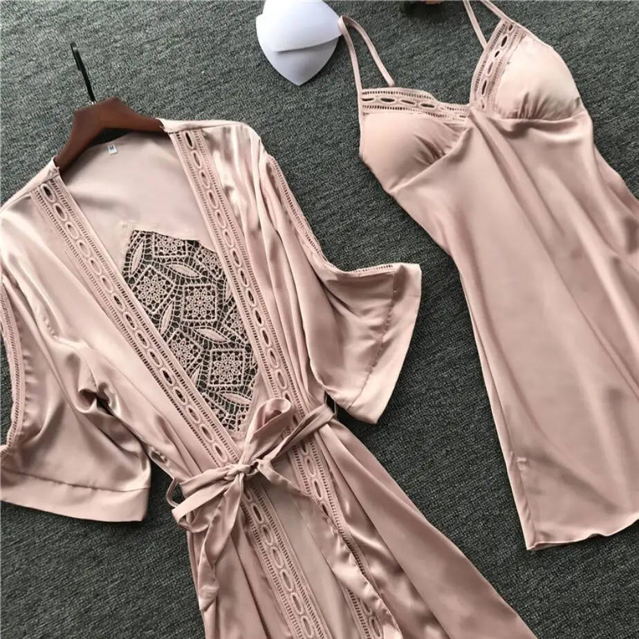 

5 colors Hollow Women 2 Pieces Satin Sleepwear Silk Home Wear Home Clothing Embroidery Sleep Lounge Set Chest Pads High Cut 997
