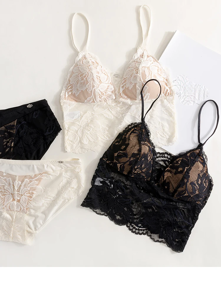 3 colors wireless floral lace comfortable sleepwear women sexy underwear set deep-v pull-over ultrathin lash bra and panty sets