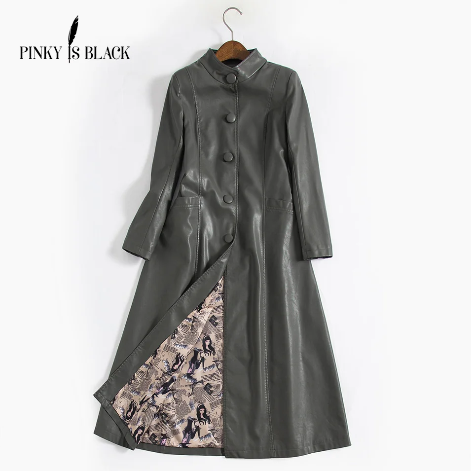 Pinky Is Black 2019 New Arrival Women Autumn Winter Faux Leather Jackets Lady Fashion S-5XL Long Motorcycle Women Coat Outwear