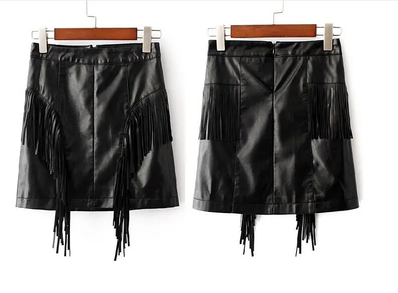 

Sexy tassel fringe black pu leather skirt faldas 2022 fashion Women vintage high waist pencil skirt casual slim mini skirt saias