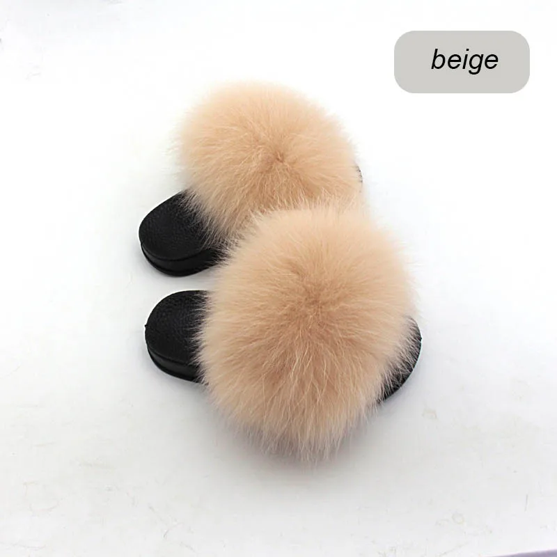 beige MS. MinShu/детские тапочки с лисьим мехом; домашние тапочки для детей; Роскошная обувь с лисьим мехом; пушистые мягкие Меховые тапочки; меховые сандалии на плоской подошве - Цвет: beige