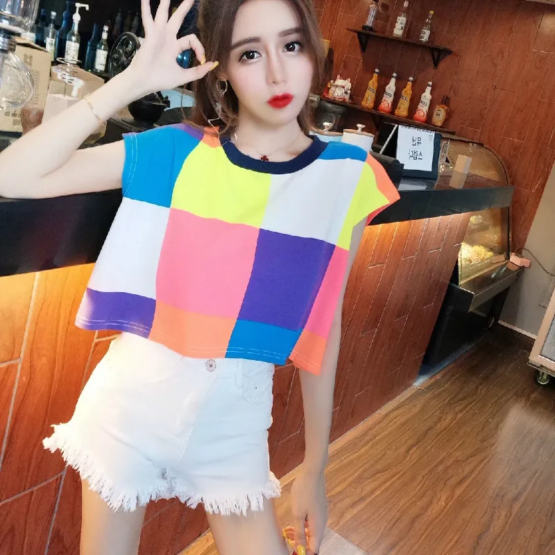 Повседневный Женский костюм в полоску свободный с круглым вырезом и радужной