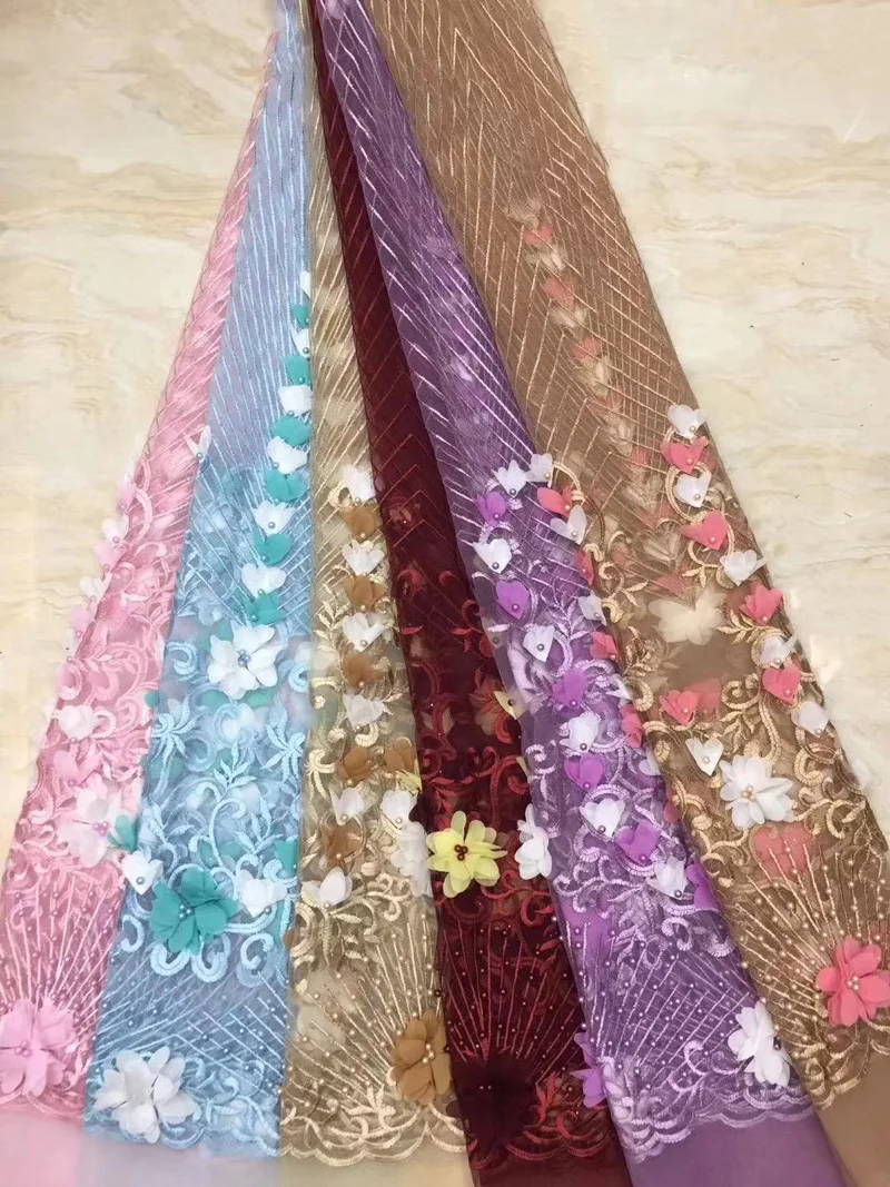 (5yards/pc) High quality African tulle lace 3D flowers appliqued French fabric with lots of beads for party dress FLC919 | Дом и сад