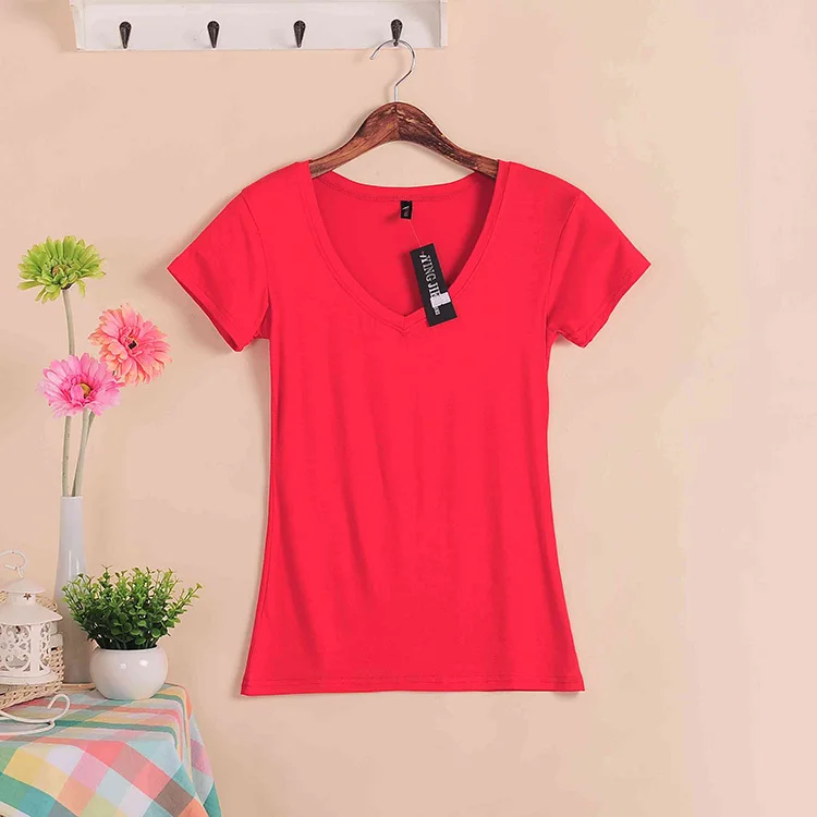 W00622 red Горячая Распродажа, летние Стрейчевые новые женские футболки, MS, одноцветная футболка с коротким рукавом, Женская Модная хлопковая Футболка с v-образным вырезом W00622 - Цвет: W00622 red