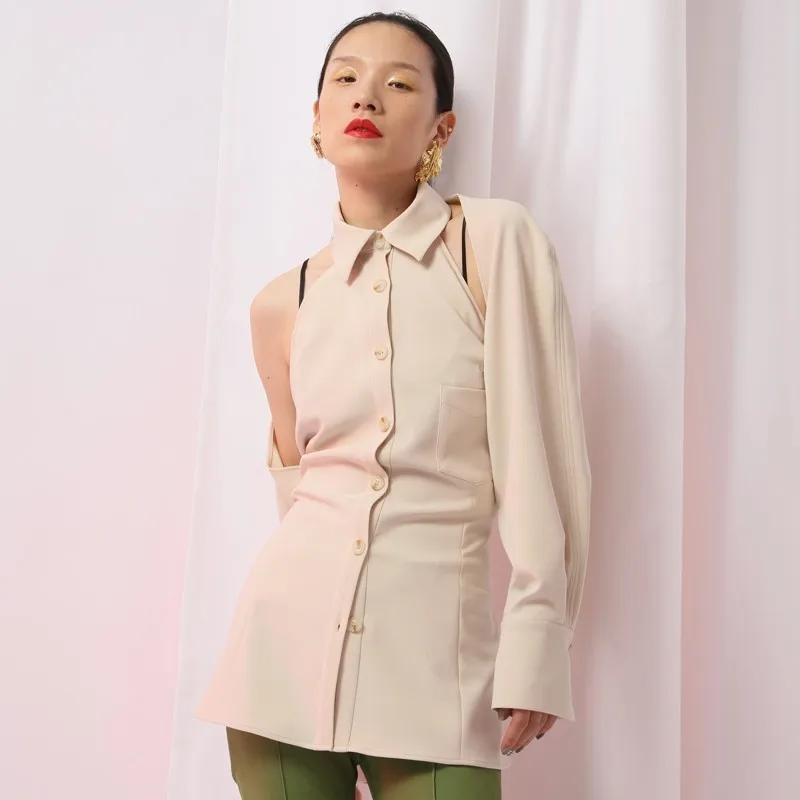 white shirt TWOTWIN стильная открытая женская блузка большого размера на шнуровке с открытой спиной в стиле пэчворк, женские топы, уличный стиль, осенний стиль - Цвет: white shirt