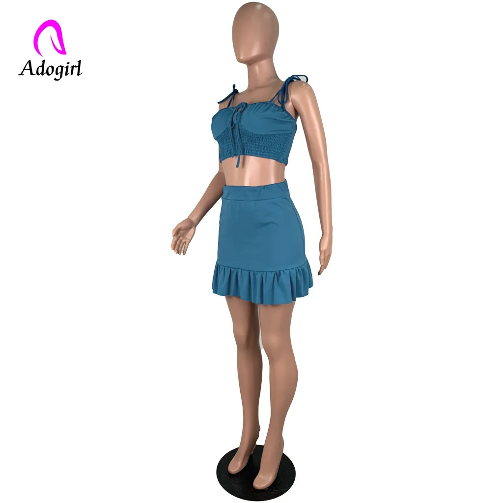 Женский комплект из 2 предметов Adogirl летний темно синий с юбкой оборками