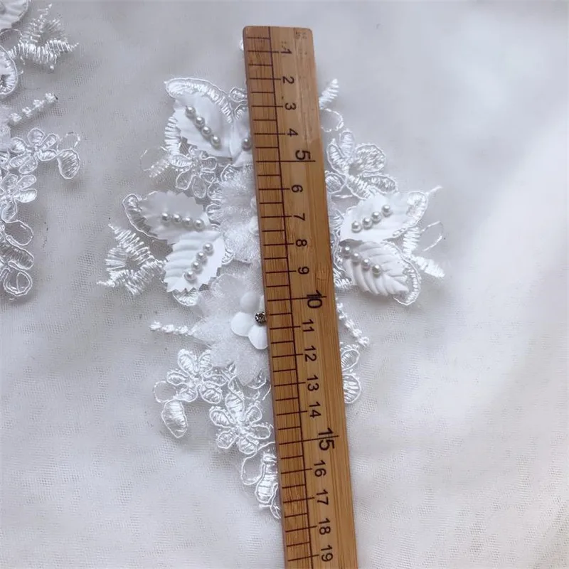 1 Pair Off-white Elegant 3D Flower Embroiderey Pearl Beaded Lace Applique Trim Dress Fabrics Material | Дом и сад