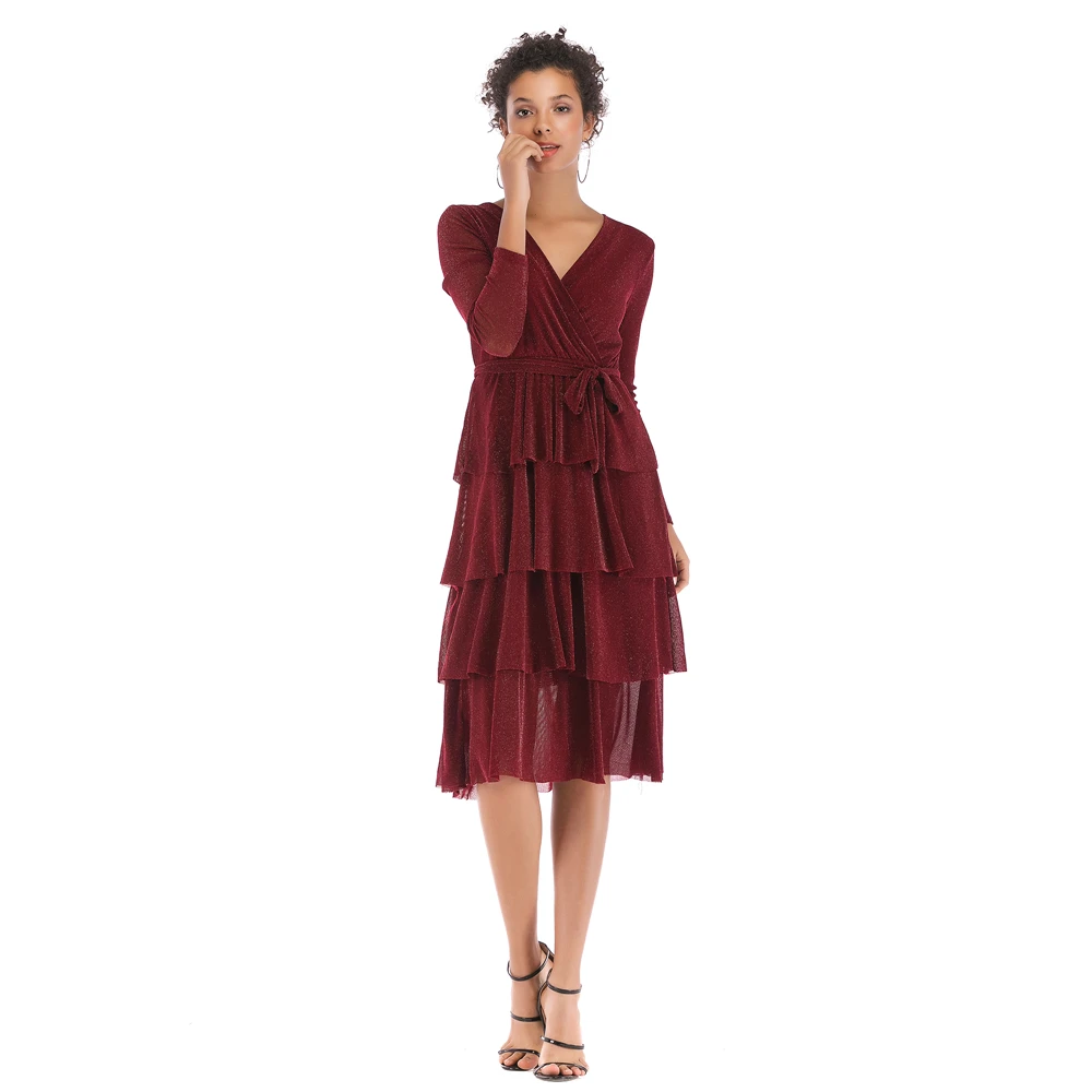 Женское многослойное платье с v образным вырезом и длинным рукавом со шнуровкой