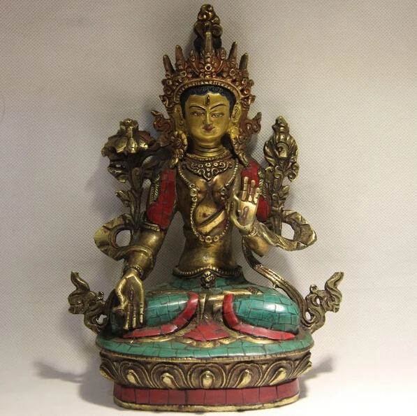 

fast shipping USPS to USA S3498 Tibet Buddhism Copper Inlay Turquoise Coral Ruby Beryl White Tara Guanyin Statue