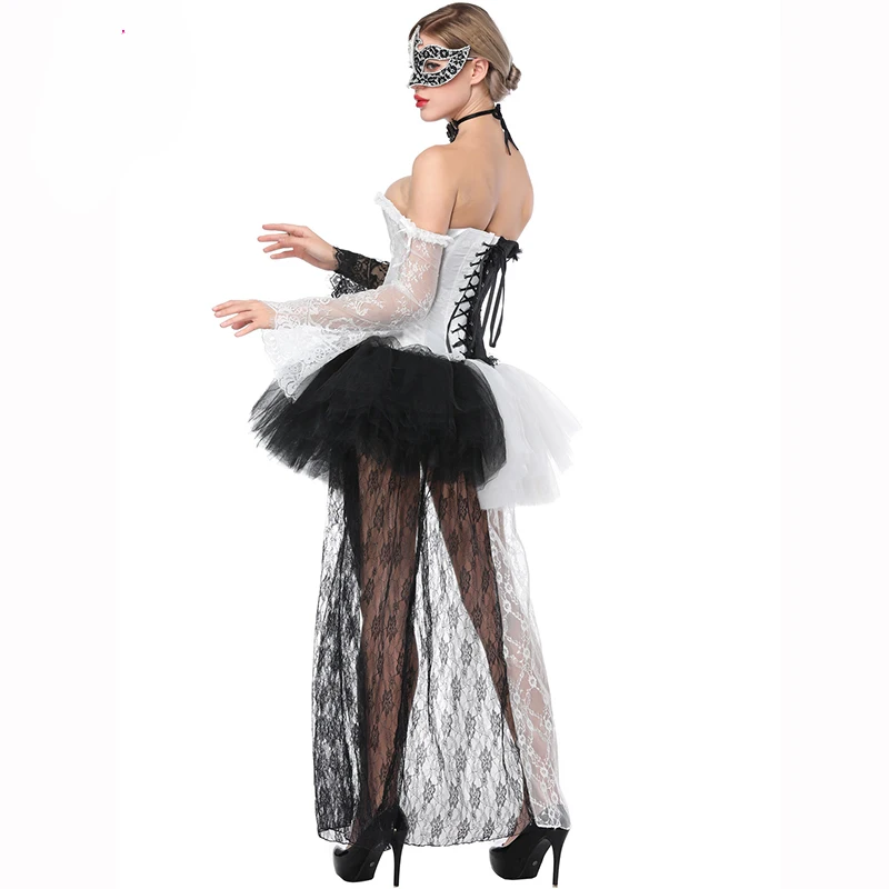 Черный и белый Showgirl корсеты и бюстье сексуальное платье Стимпанк Викторианский стиль платья Готический корсет с юбка в стиле бурлеск костюмы