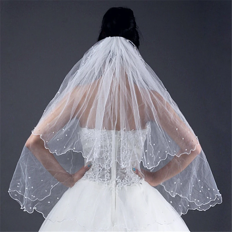 Двухслойная короткая свадебная фата цвета слоновой кости 2019 с жемчугом для