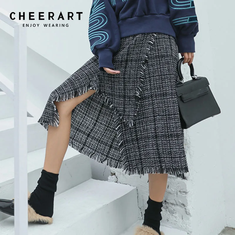 Cheerart твидовая юбка Женская Осенняя юбка с запахом юбка миди с бахромой Длинная женская Асимметричная юбка дизайнерская уличная мода