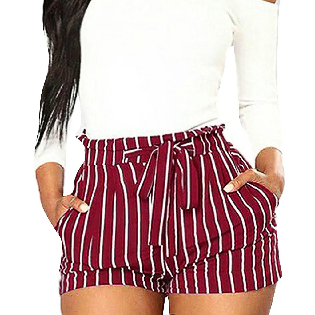 S-3XL Stripe Shorts Women Pocket High Waist Short Pants Plus Size Summer Fashion Leisure Ladies Drawstring Loose Beachwear | Женская