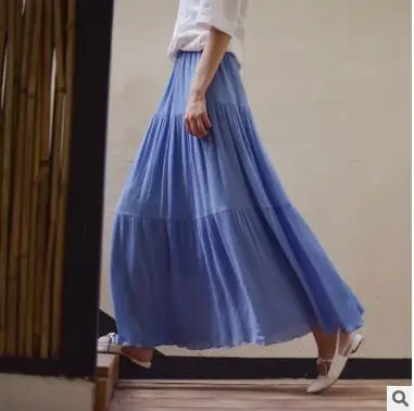 denim blue Qooth Лето Весна Женская длинная юбка эластичная талия льняная плиссированная юбка Повседневная пляжная макси юбка Свободная однотонная Saia QH1729 - Цвет: denim blue
