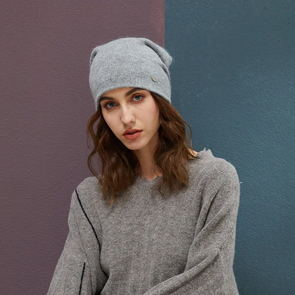 Dark grey Female Beanies Rabbit Hair Winter Hats For Women Casual Autumn Knitted Beanie Girls New Fashion High Quality Soft Wool Hat - Color: Dark grey
