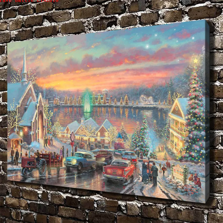 Томас Кинкейд огни Christmastown холст для живописи принт Гостиная домашний декор