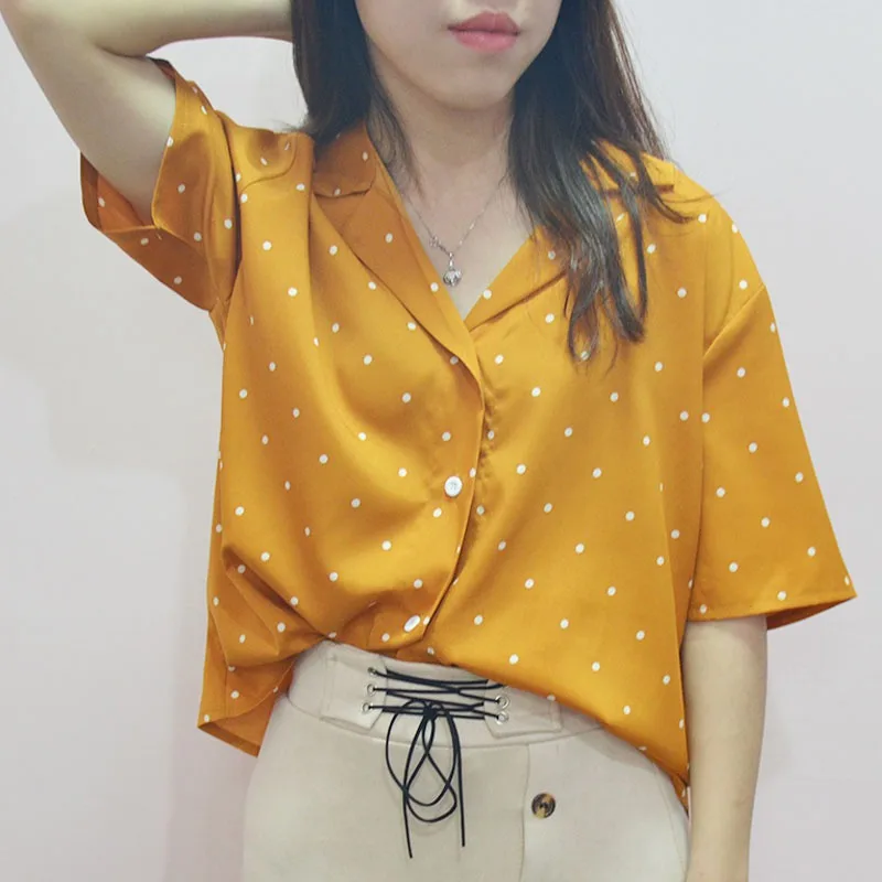 

Fashion Women Blouse Turn-down Collar Women Shirts Short Sleeve Polka Dot Shirt Slim Elegant Office Feminine Blouse
