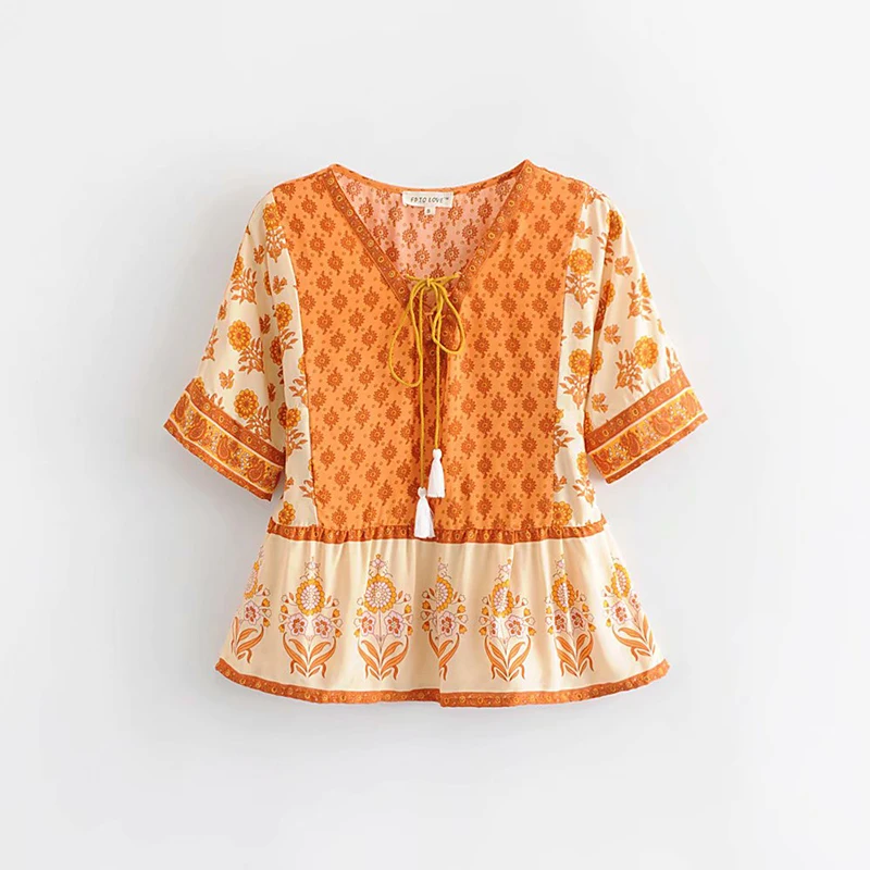 Everkaki Boho блузка с бахромой, женские рубашки с поясом, v-образный вырез, короткий рукав, богемный Топ, женские блузки, лето-осень