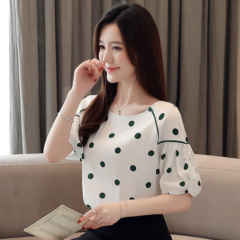 Корейские модные шифоновые женские блузки в горошек рубашки с длинным рукавом
