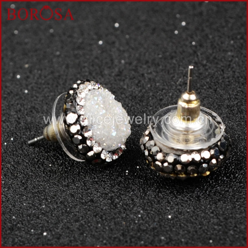 

BOROSA 5 pieces Round Natural Crystal Druzy Titanium AB Druzy Stud Earrings Paved Zircon JAB206
