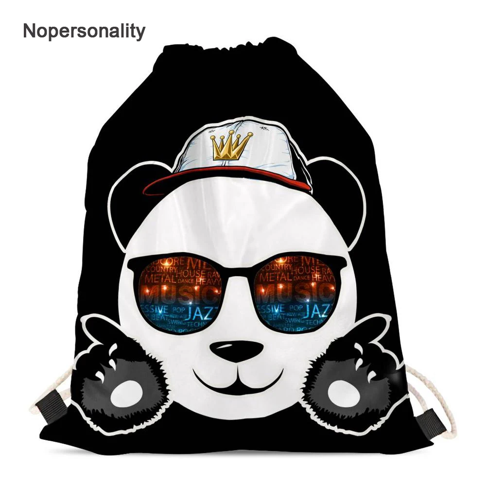 Pacote de Armazenamento Nopersonality Bonito Panda Impressão Drawstring Bolsa Preto Adolescente Meninas Mochilas Escolares Pequenas Crianças Viagem
