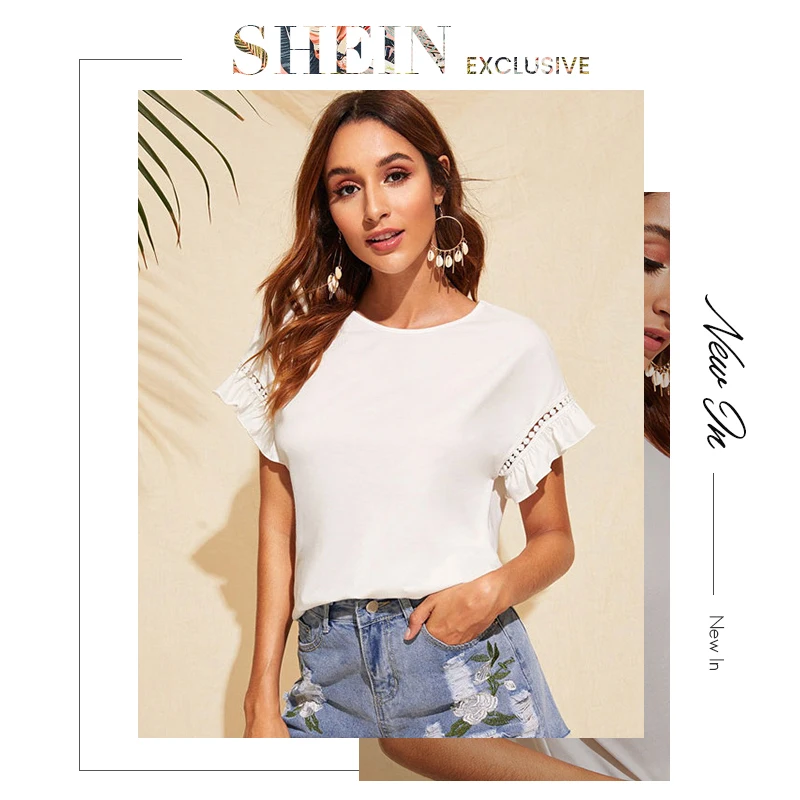 SHEIN белая футболка с кружевной отделкой и рюшами, женские топы, летняя повседневная Милая однотонная эластичная женская футболка с коротким рукавом