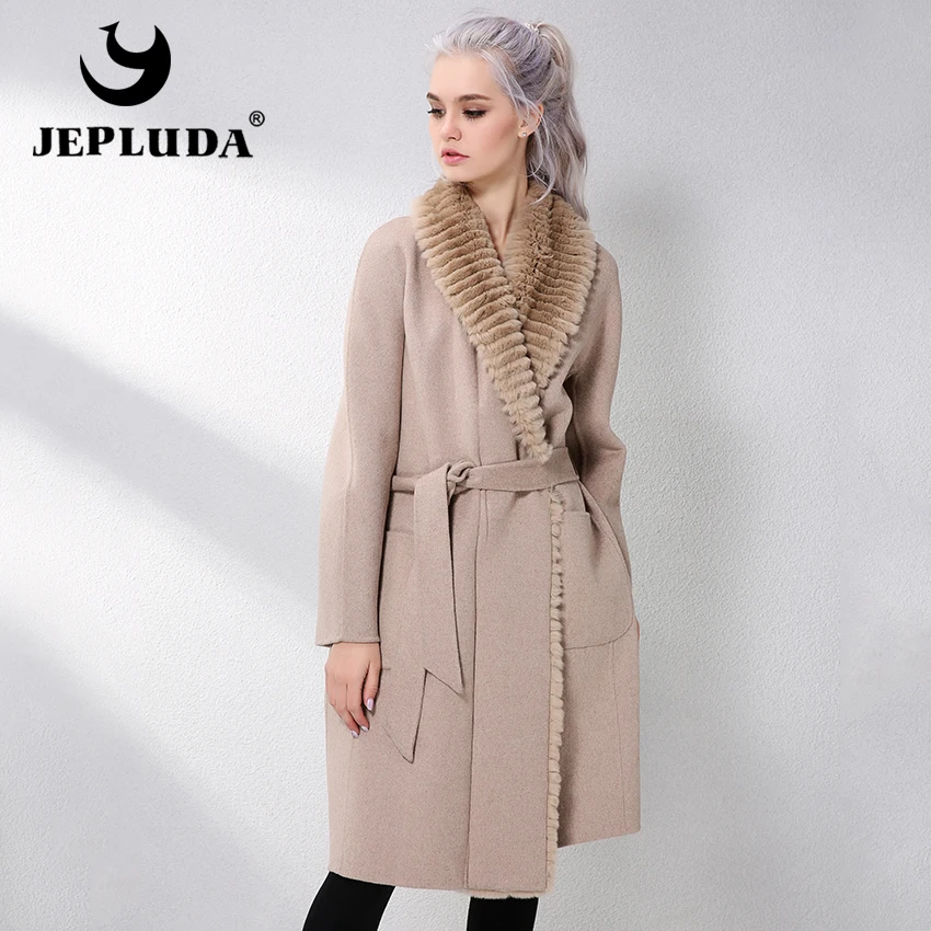 JEPLUDA New Cashmere Coat Women Genuine Rex Rabbit Fur Lapel Collar Wool long Real Leather Jacket Women|Шубы и дубленки| |