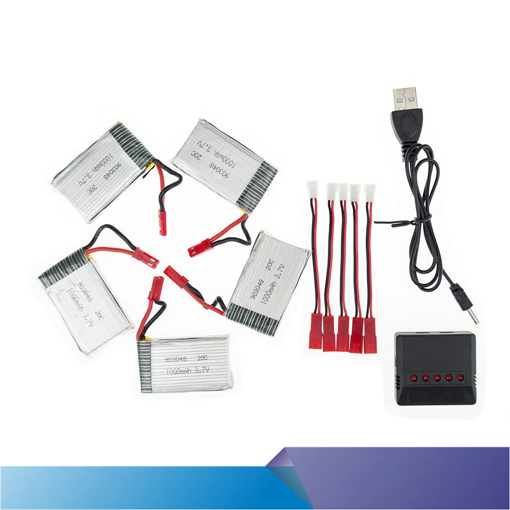 5 батарейки для ПК 3 7 V Lipo 1000 mAh 20C JST с черным зарядным кабелем JJRC H11WH H11D HQ898 RC
