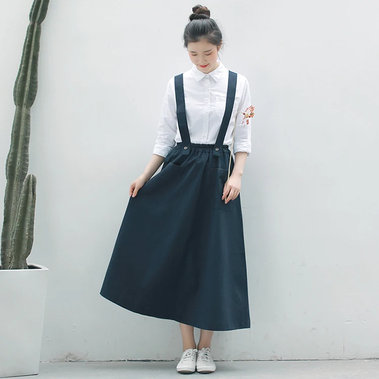Mori Girl, Женская Милая юбка миди, подтяжки, высокая талия, винтажные элегантные юбки, консервативный стиль, карманы, хлопок, лен, длинные юбки
