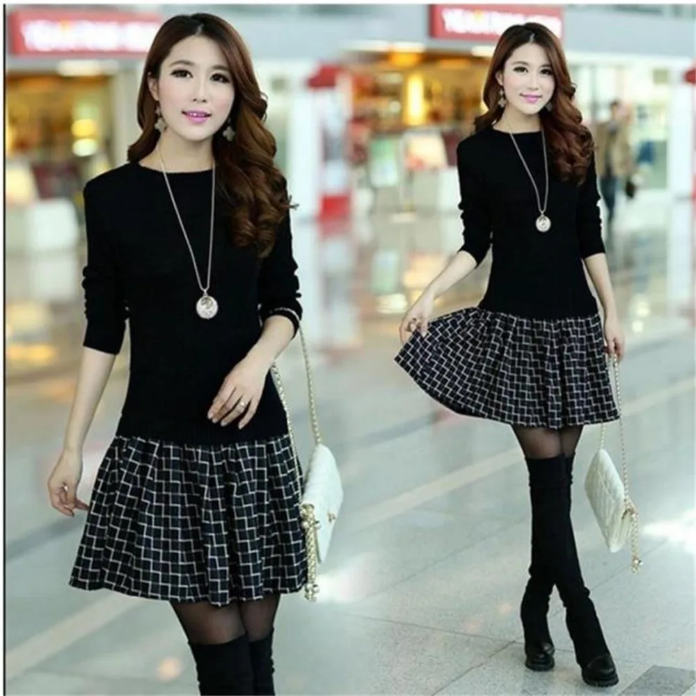 Новинка Осень Зима Женское платье большого размера модное свитер из двух